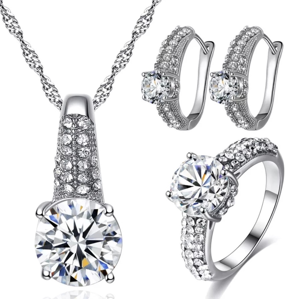 CZ Crystal Necklace/Earrings/Ring Size 9 New